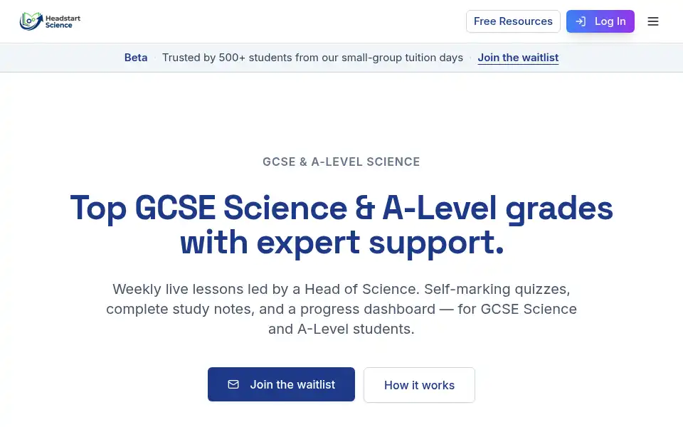 Screenshot of headstartscience.co.uk