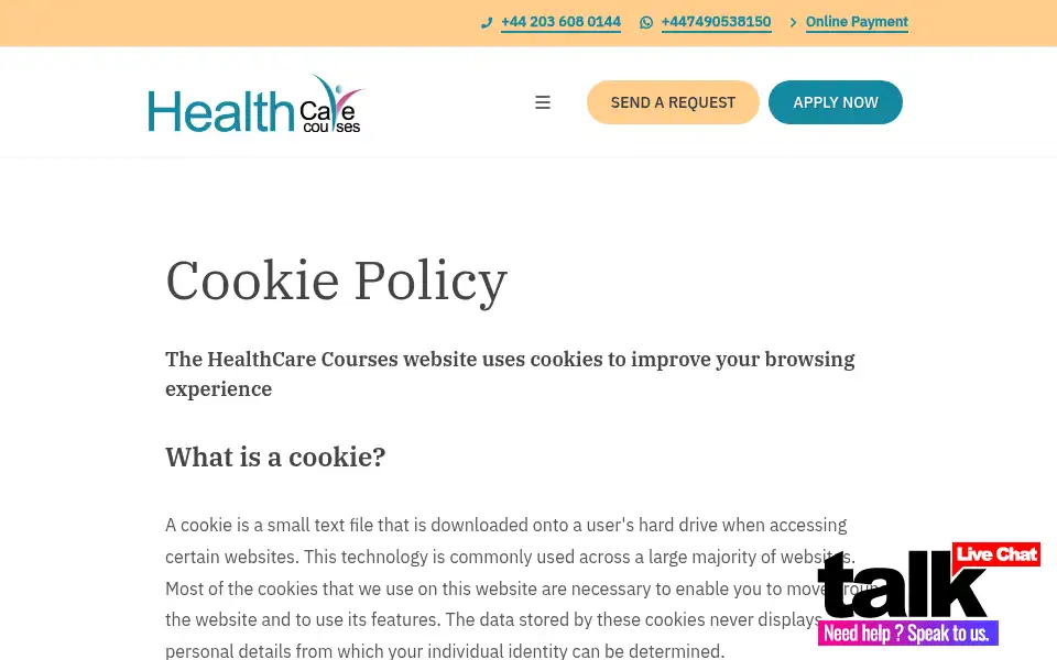 Screenshot of healthcarecourses.org.uk