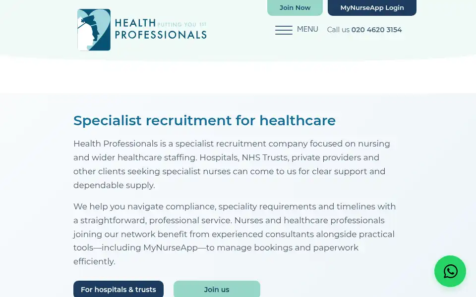 Screenshot of healthprofessionals.co.uk