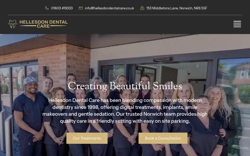 Screenshot of hellesdondentalcare.co.uk