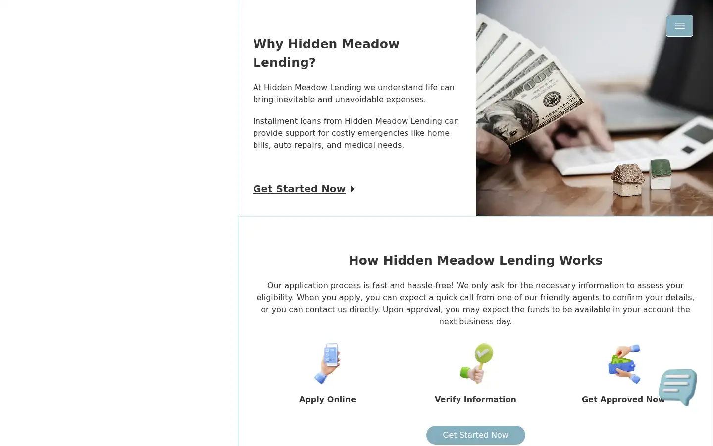 Screenshot of hiddenmeadowlending.com