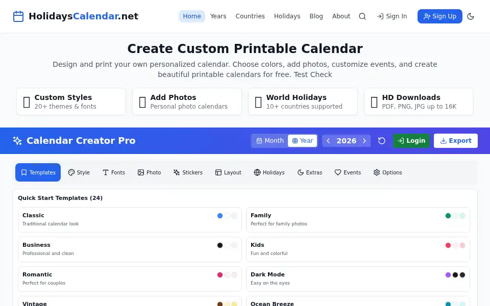 Screenshot of holidayscalendar.net