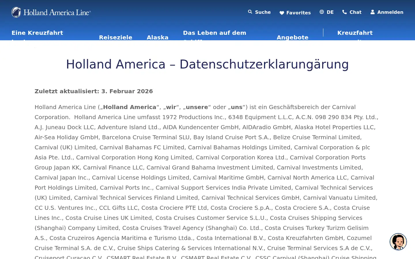 Screenshot of hollandamerica.com