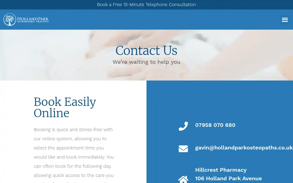 Screenshot of hollandparkosteopaths.co.uk