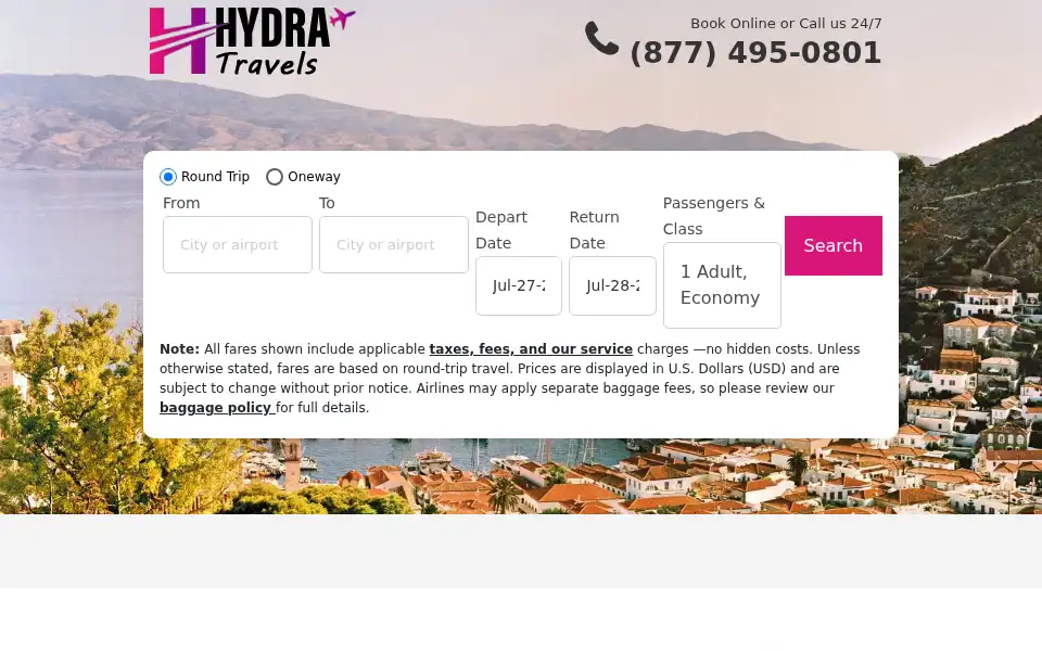 Screenshot of hydratravels.com