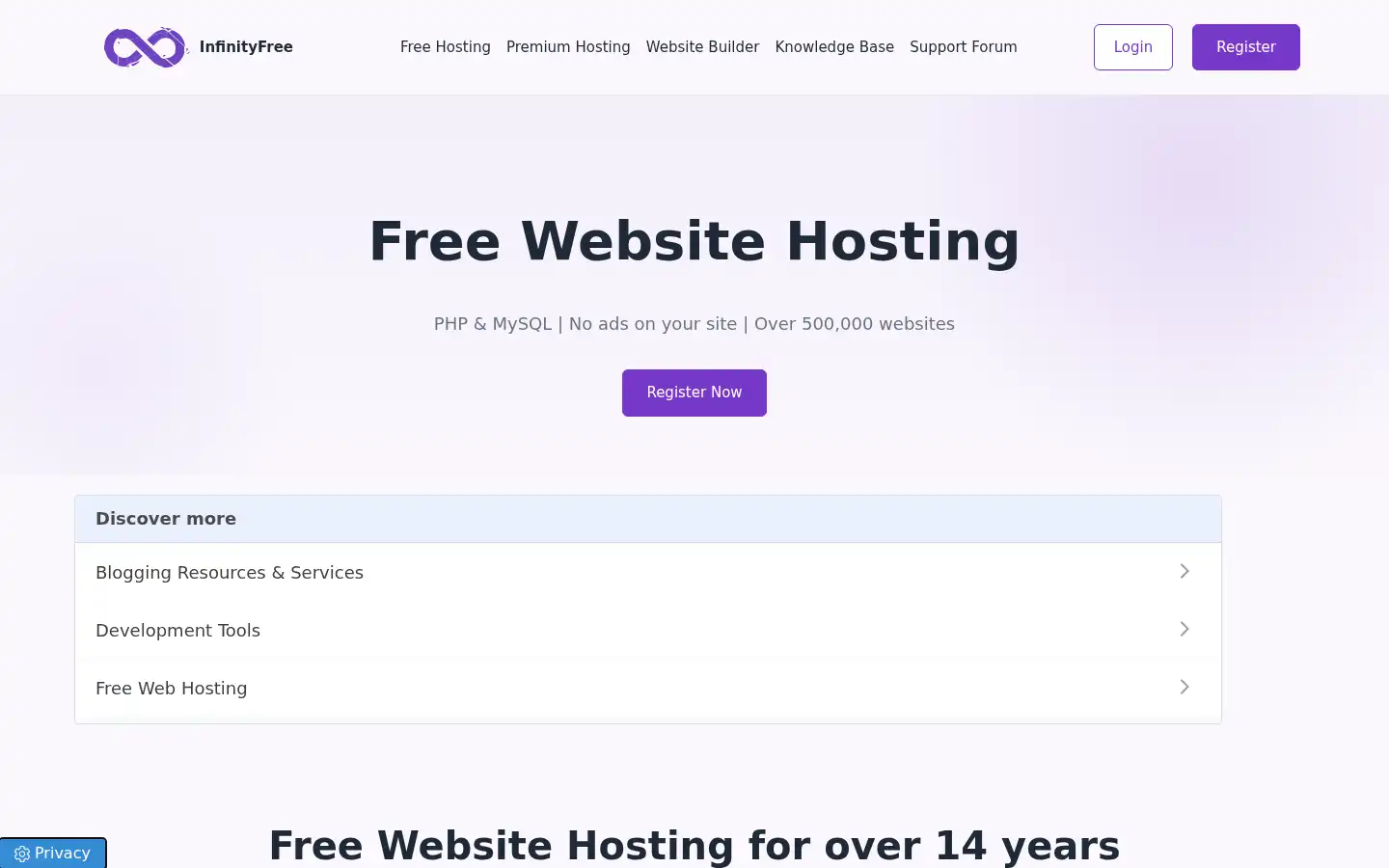 Screenshot of infinityfree.com