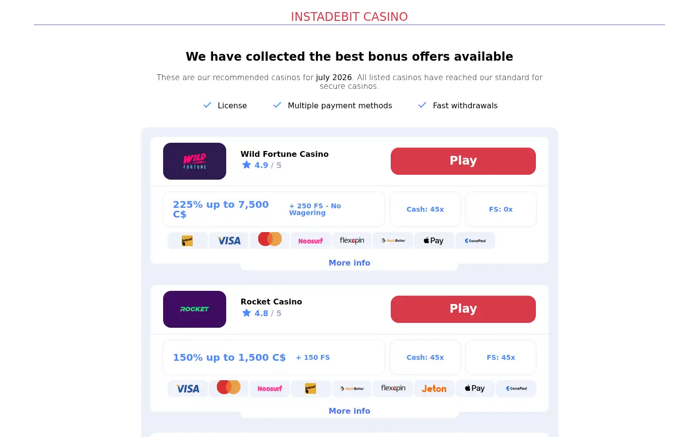 Screenshot of instadebitcasino.cash
