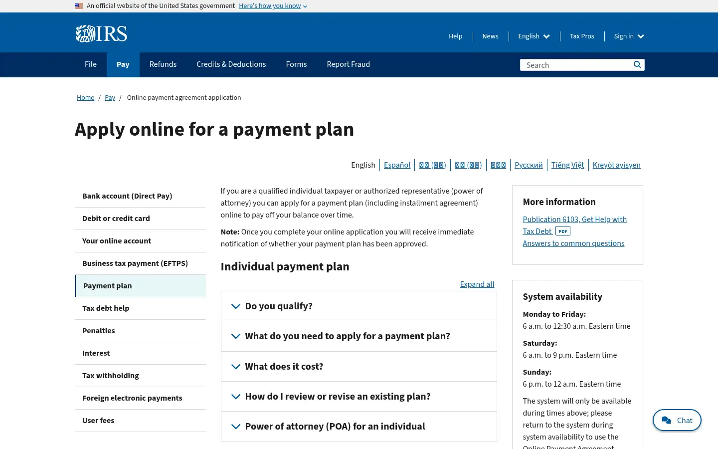 Screenshot of irs.gov