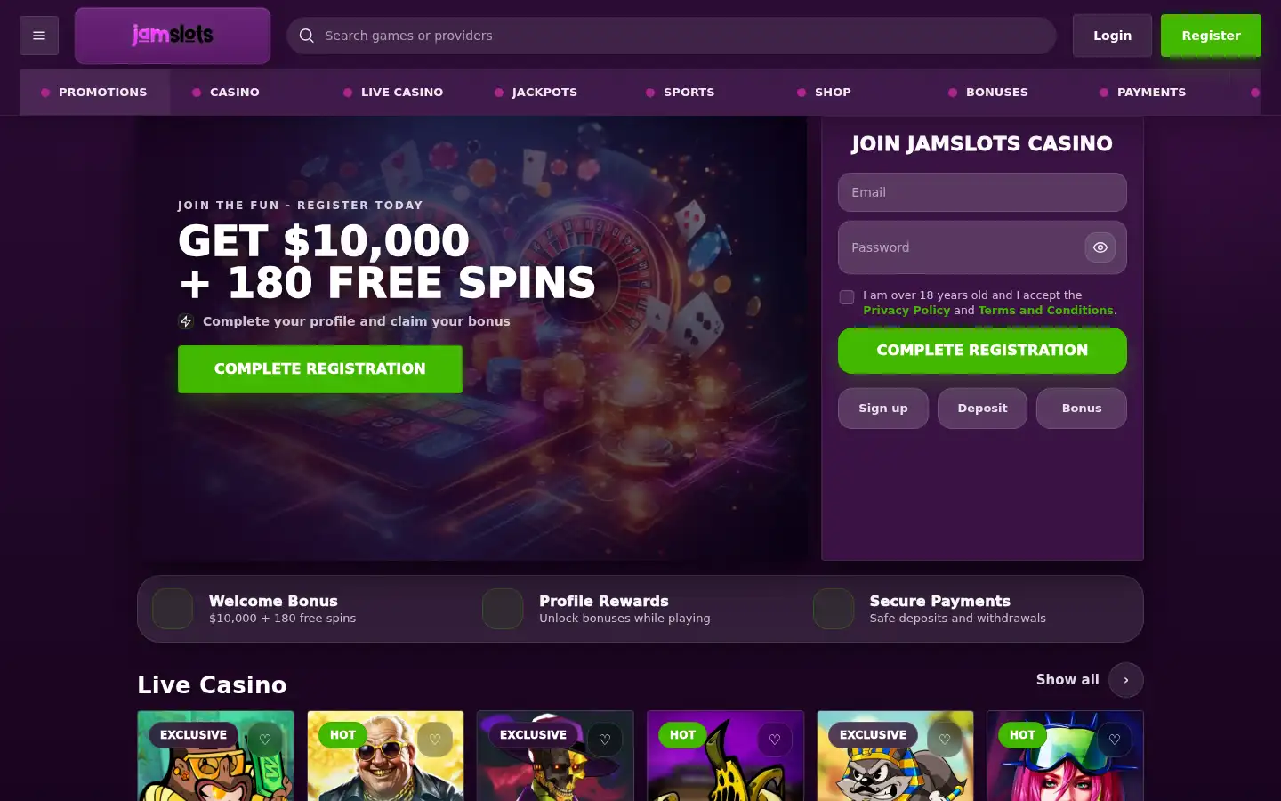 Screenshot of jamslotscasino.site