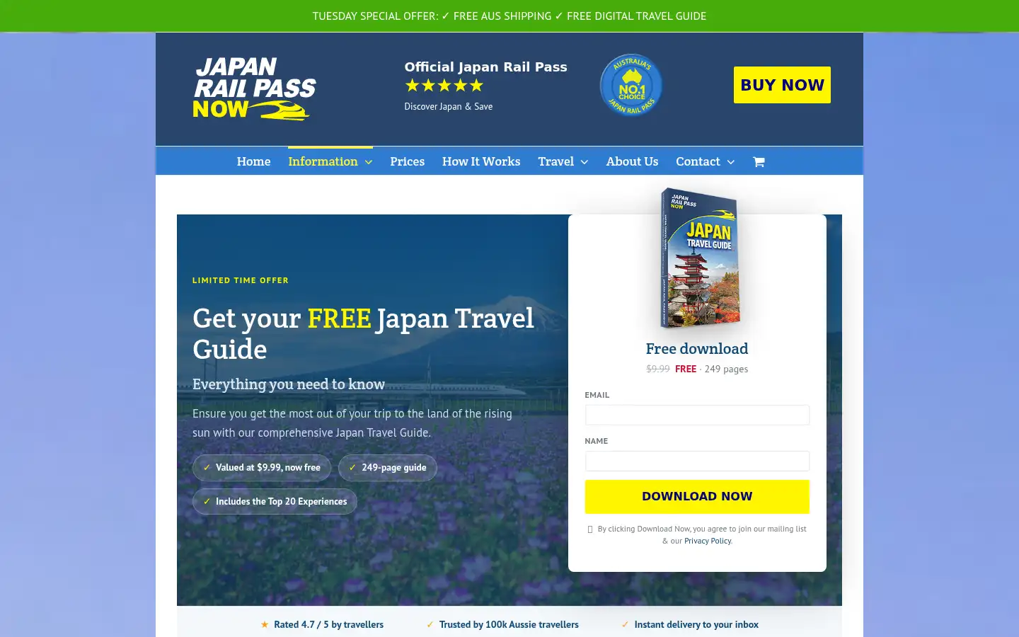 Screenshot of japanrailpass.com.au