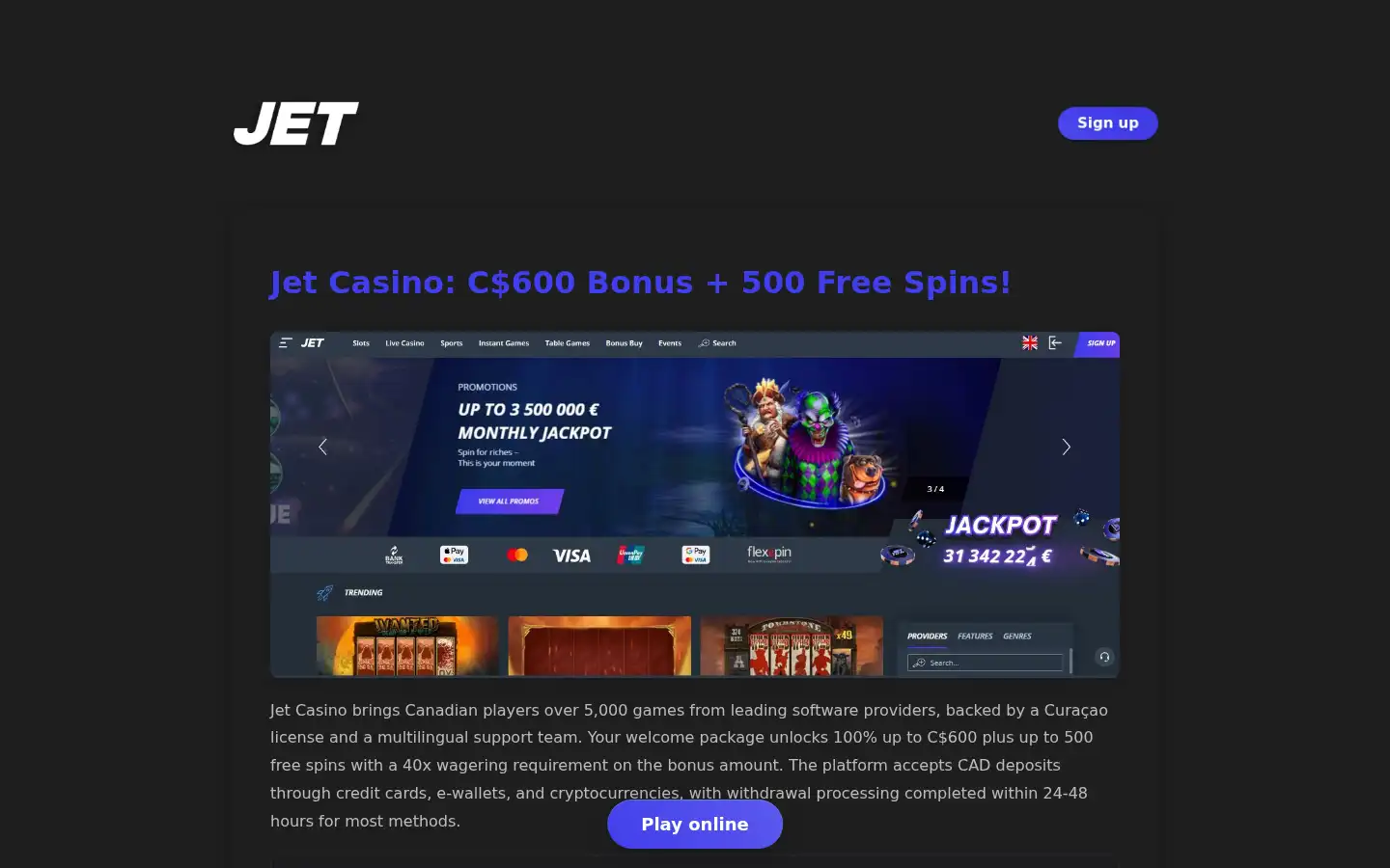 Screenshot of jetcasinos.ca