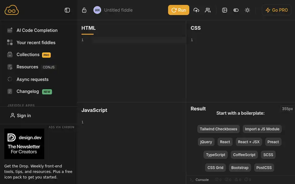 Screenshot of jsfiddle.net