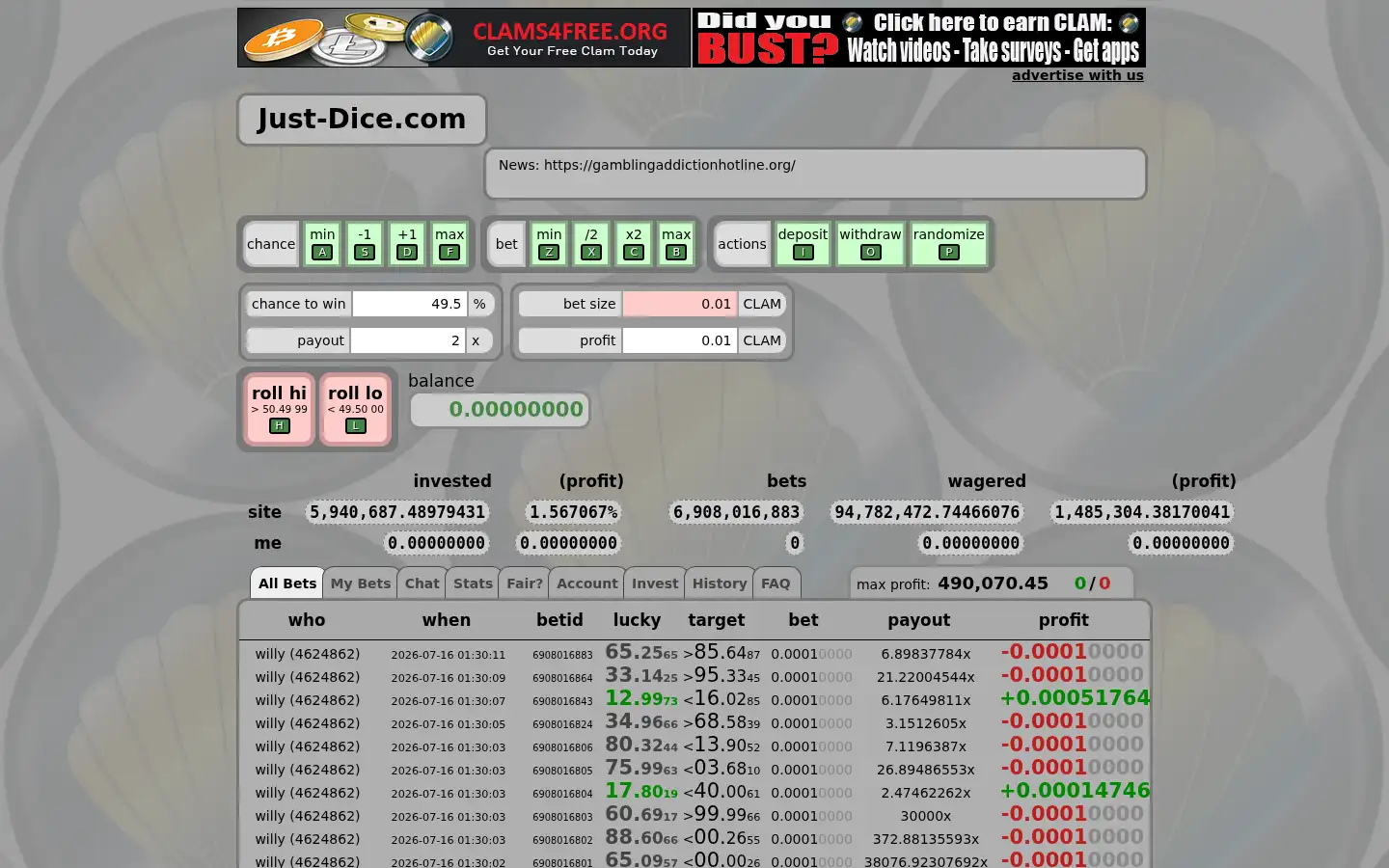 Screenshot of just-dice.com