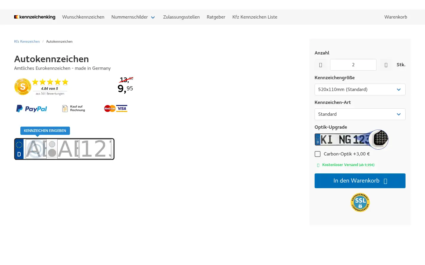 Screenshot of kennzeichenking.de