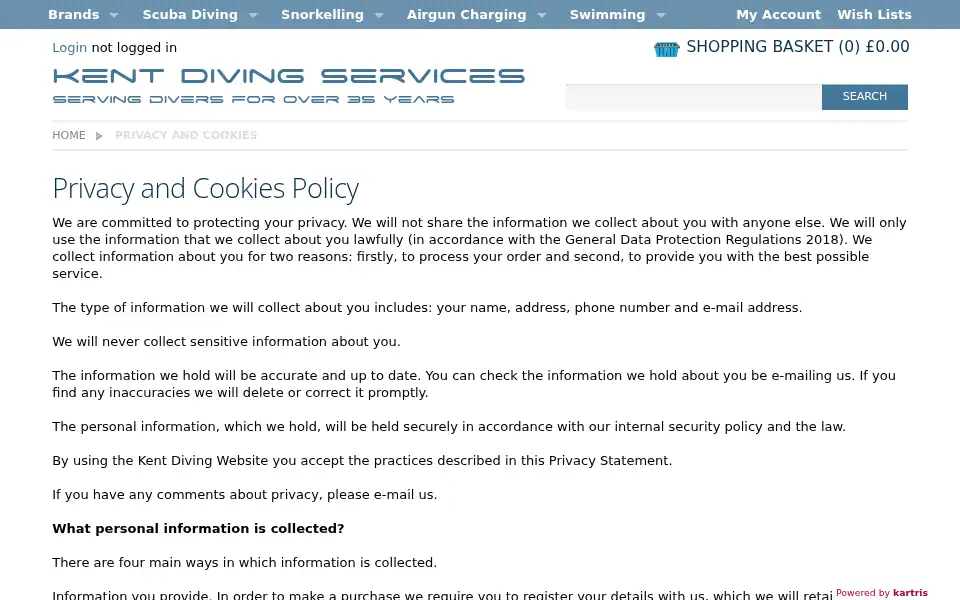 Screenshot of kentdiving.com
