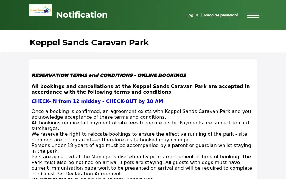 Screenshot of keppelsandscaravanpark.com.au