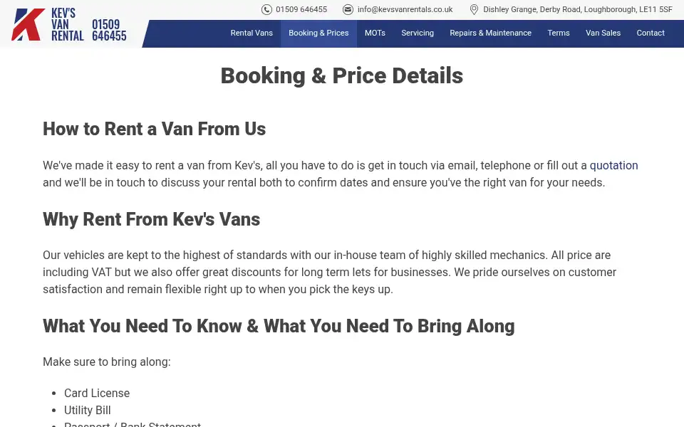 Screenshot of kevsvanrentals.co.uk