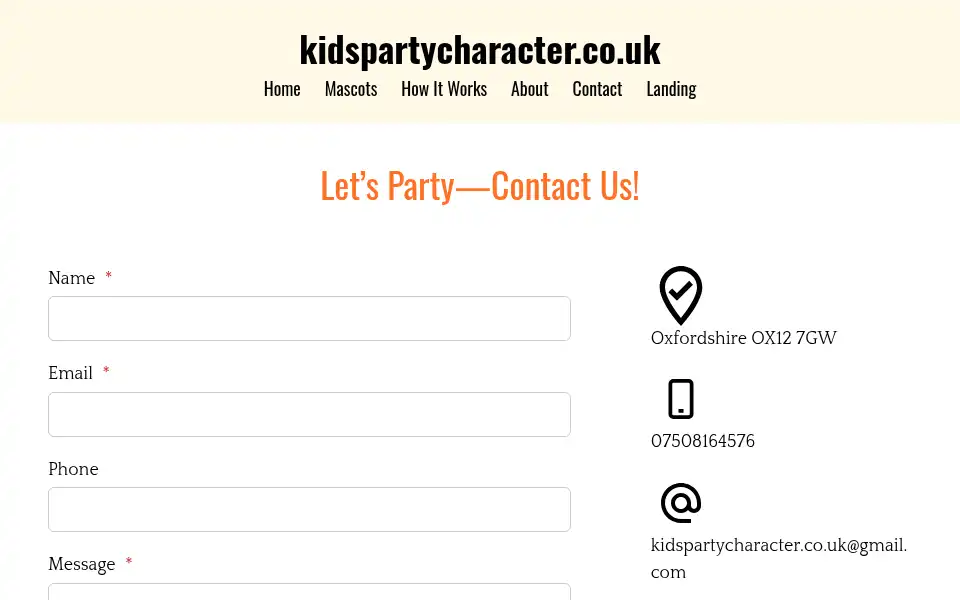Screenshot of kidspartycharacter.co.uk