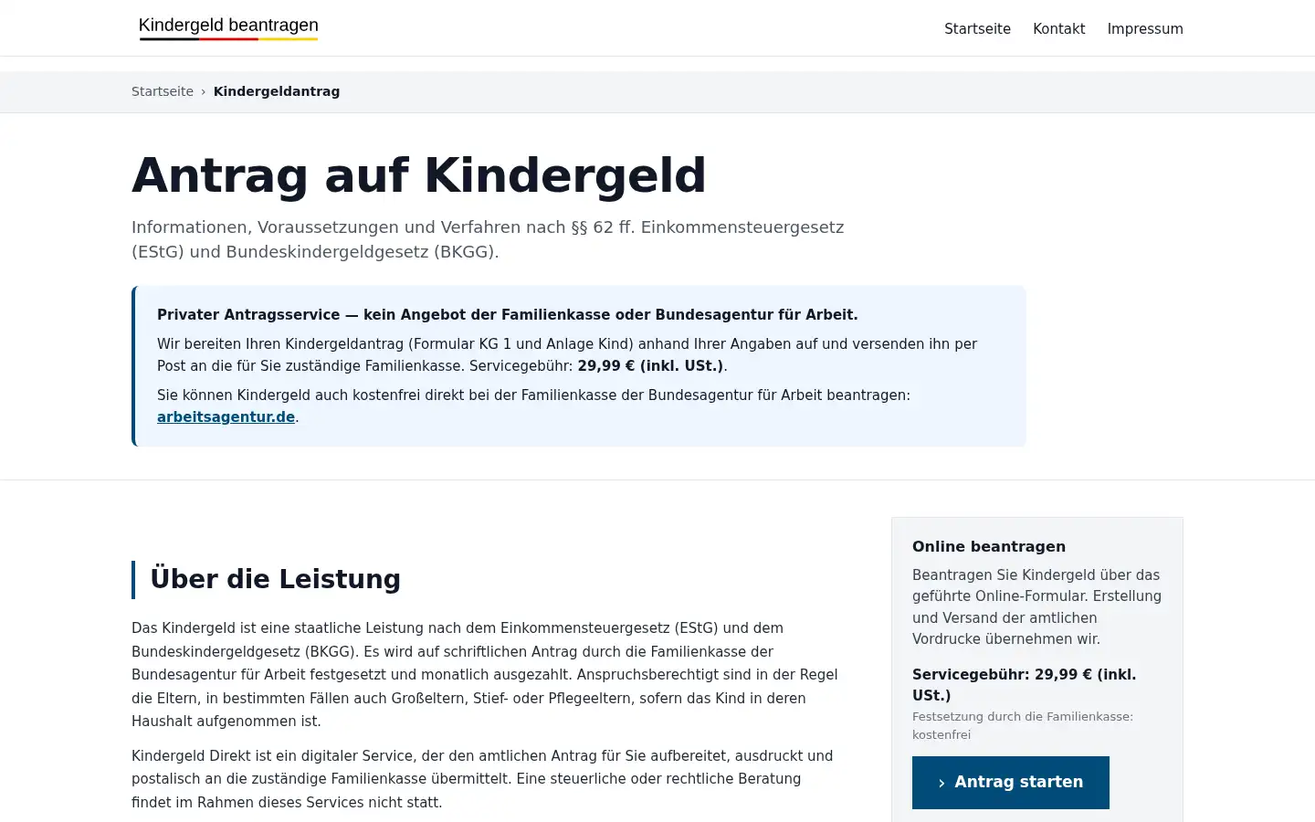 Screenshot of kindergeldbeantragen.de