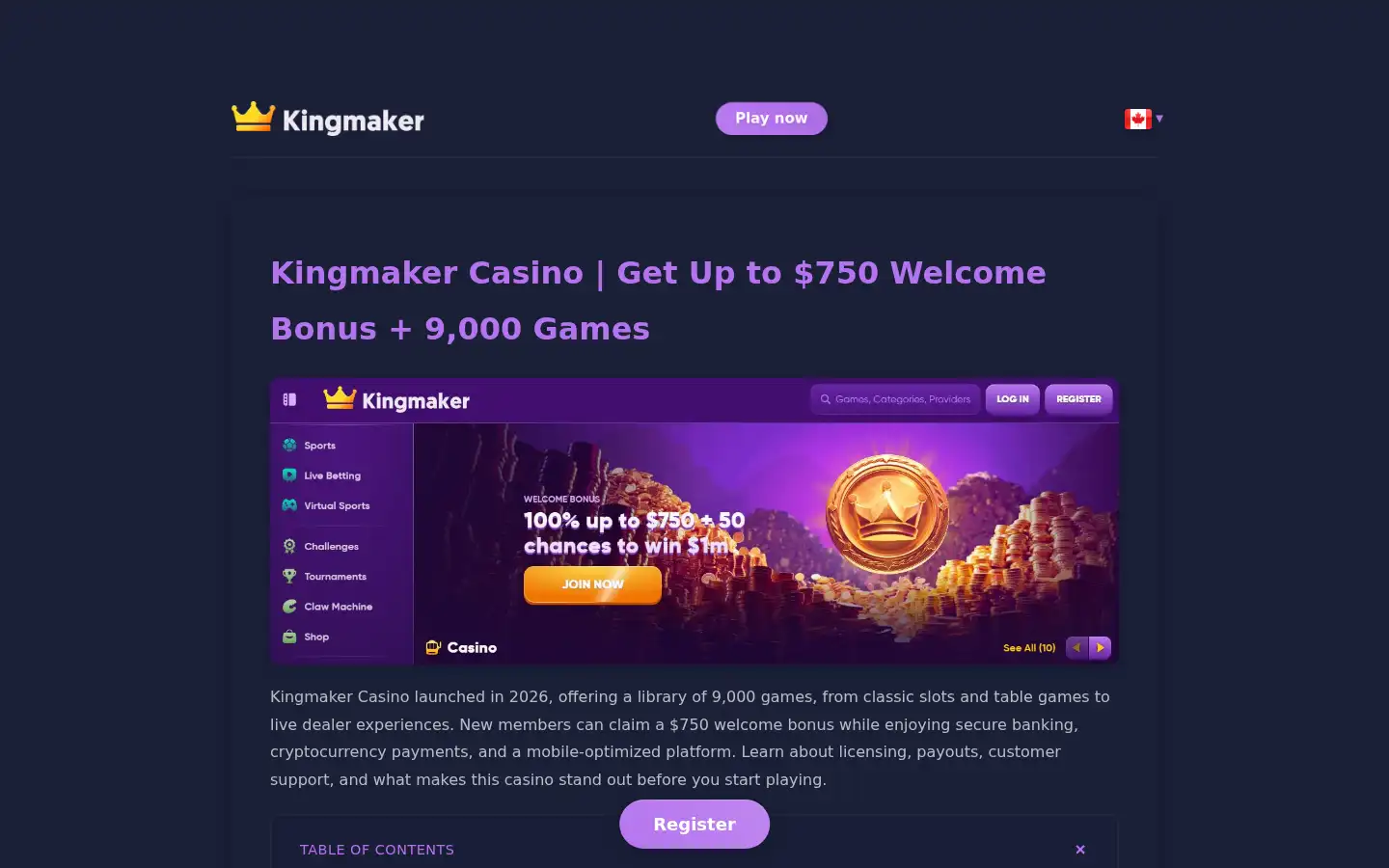 Screenshot of kingmakercasino.ca
