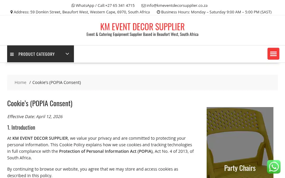 Screenshot of kmeventdecorsupplier.co.za