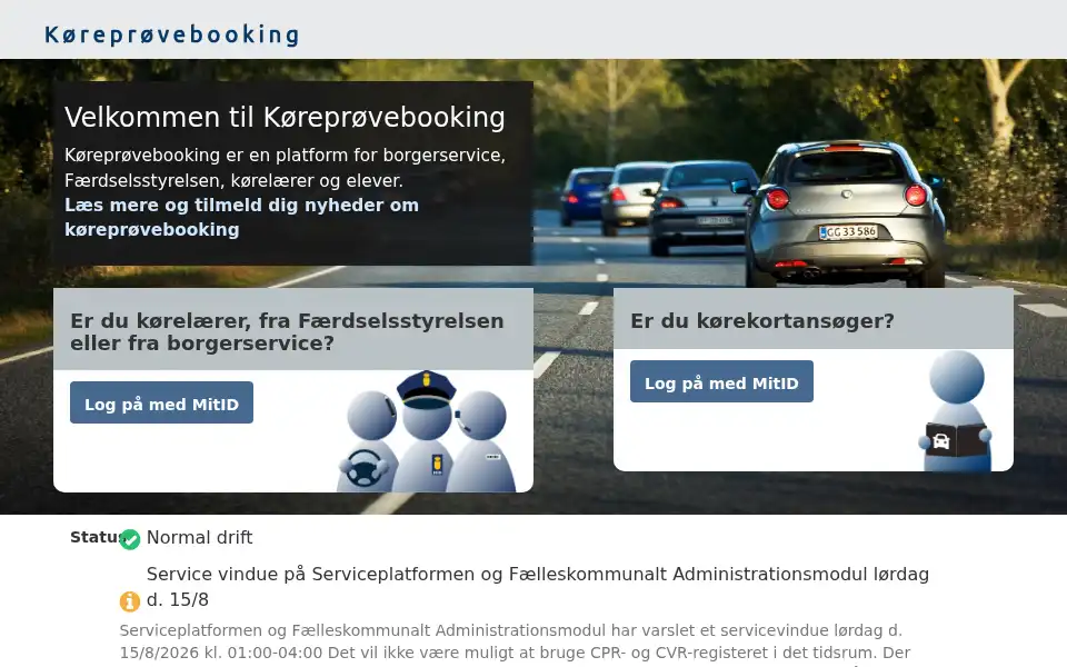 Screenshot of koreprovebooking.dk