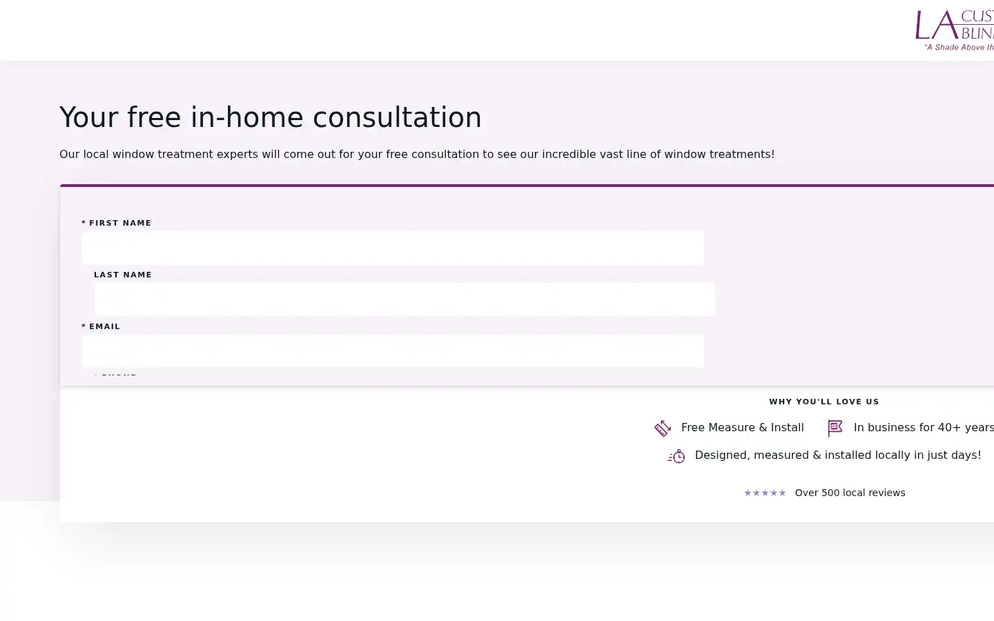 Screenshot of lacustomblinds.com