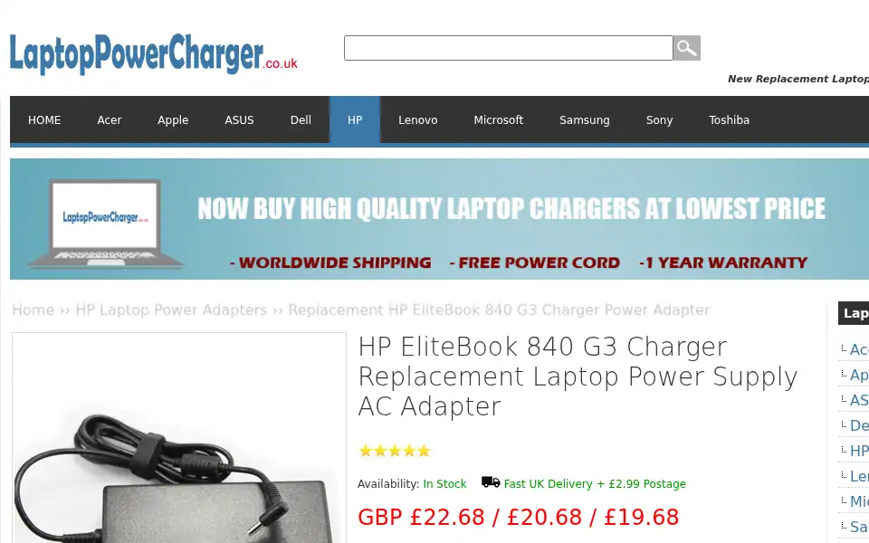 Screenshot of laptoppowercharger.co.uk