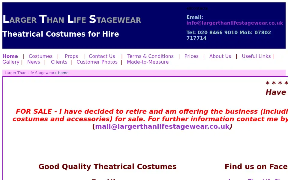 Screenshot of largerthanlifestagewear.co.uk
