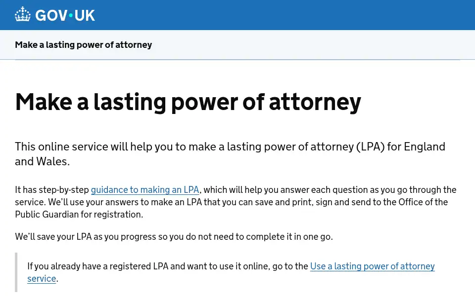 Screenshot of lastingpowerofattorney.service.gov.uk