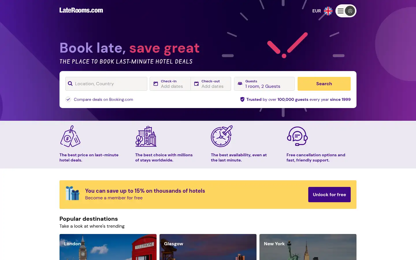 Screenshot of laterooms.com
