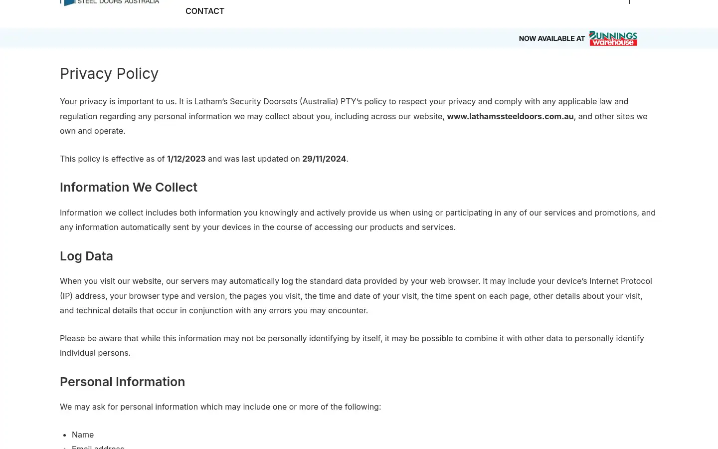 Screenshot of lathamssteeldoors.com.au