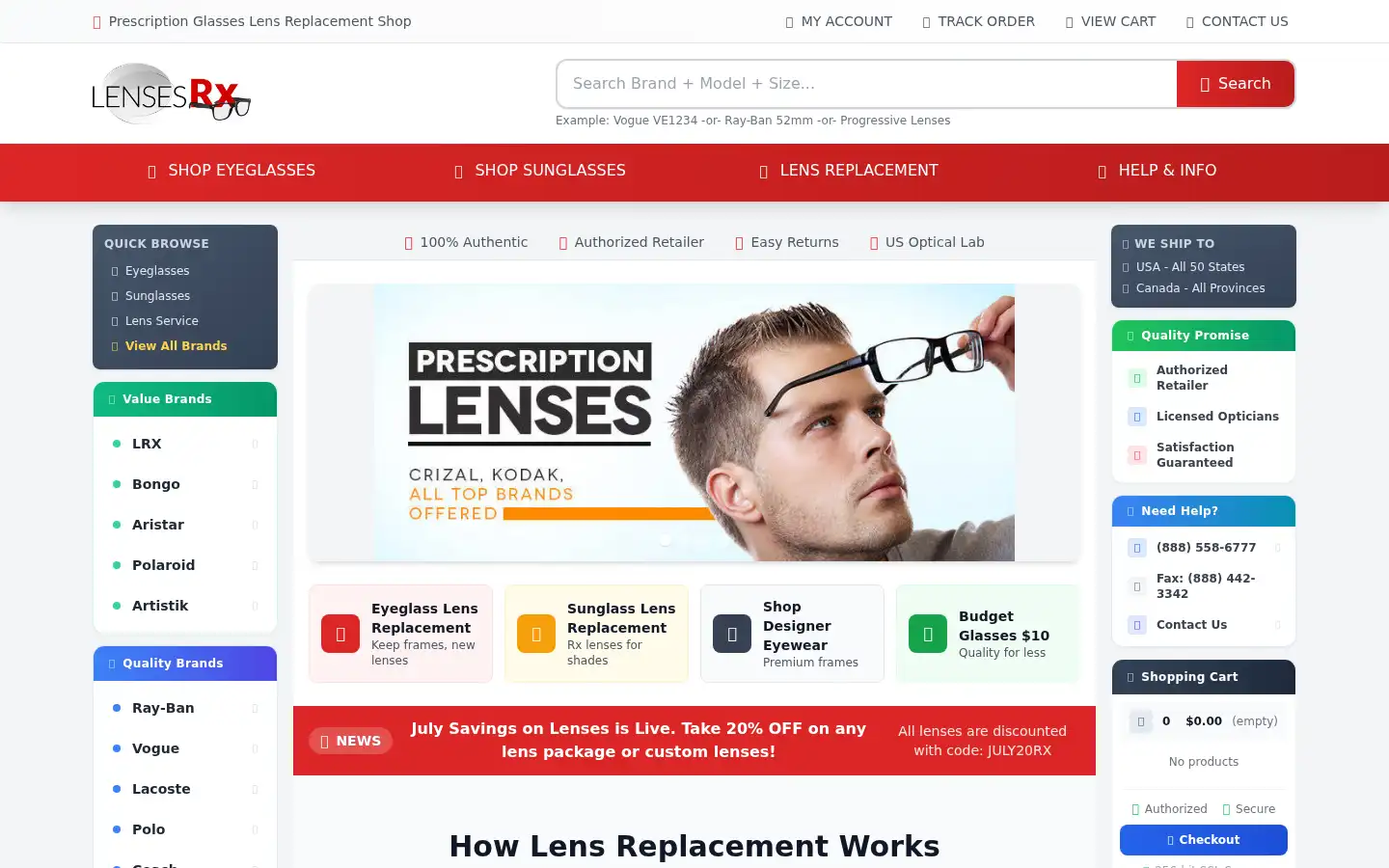 Screenshot of lensesrx.com