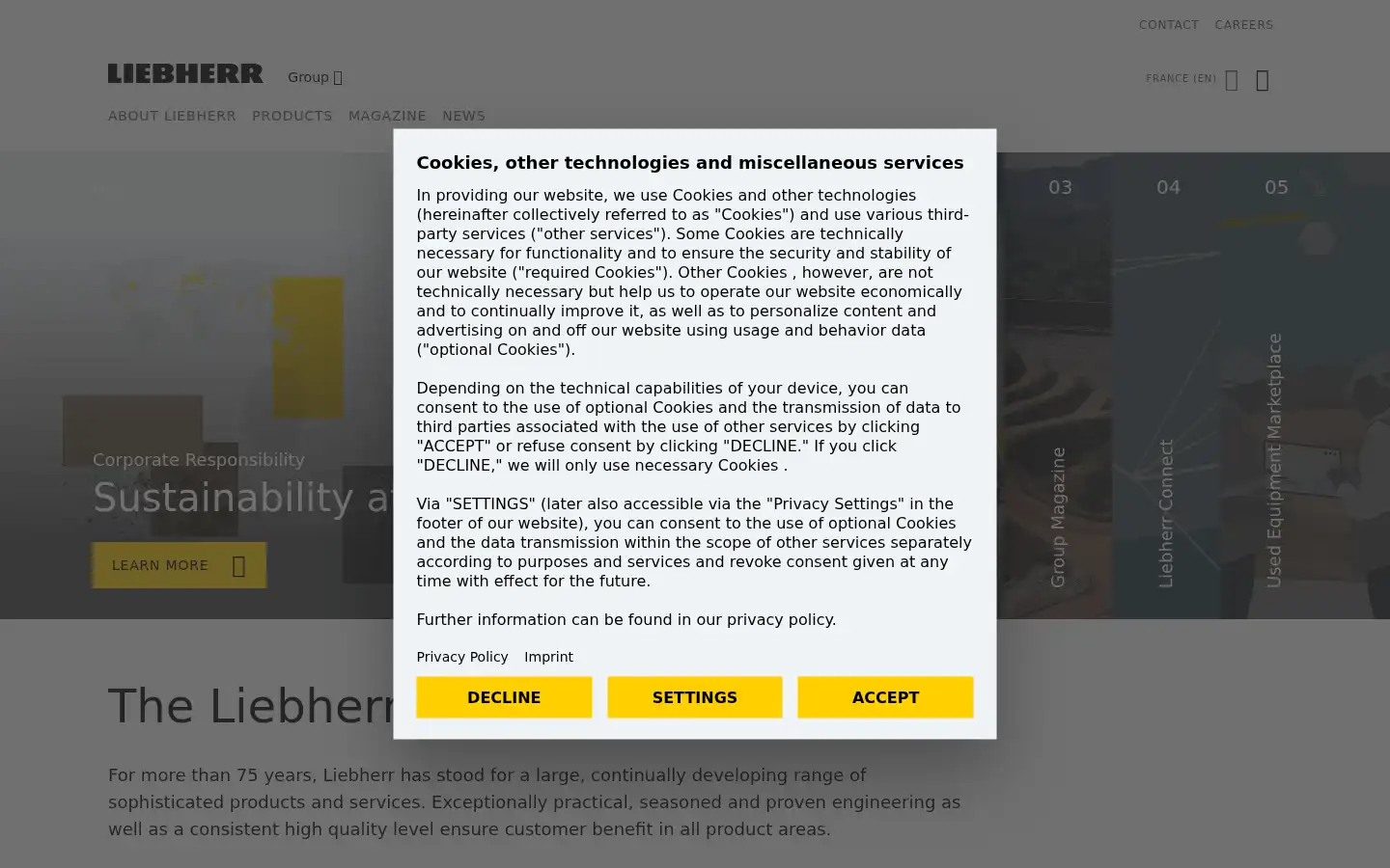 Screenshot of liebherr.com