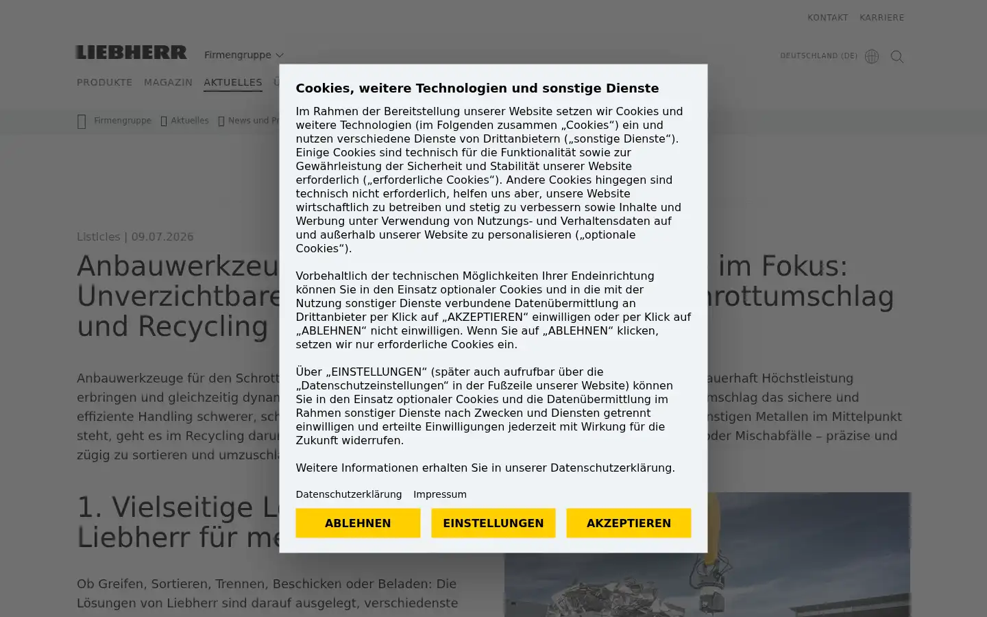 Screenshot of liebherr.de