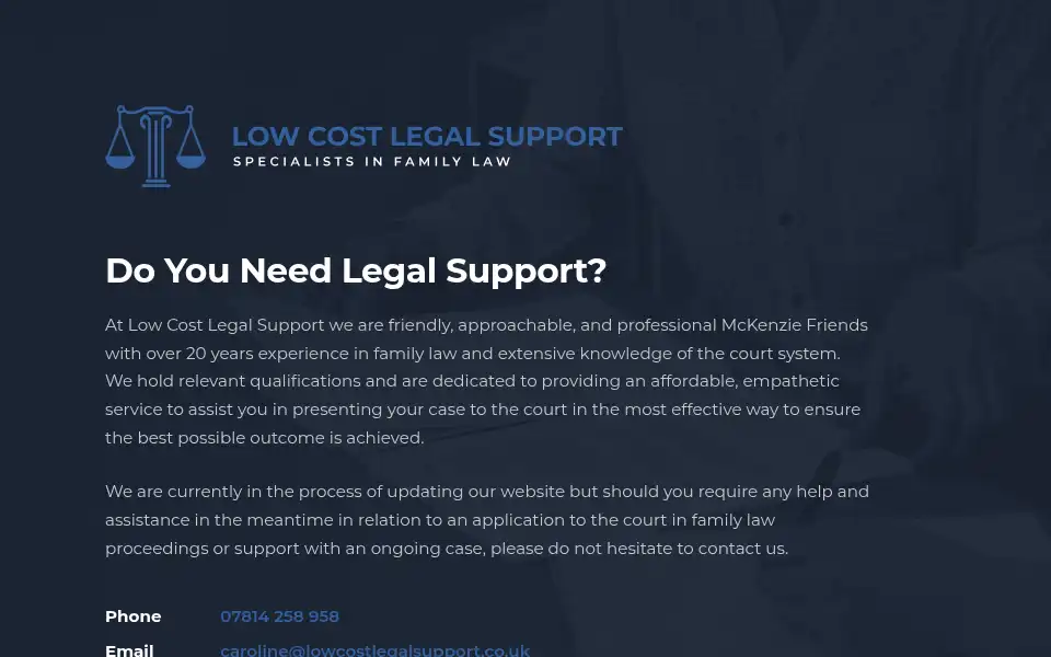 Screenshot of lowcostlegalsupport.co.uk