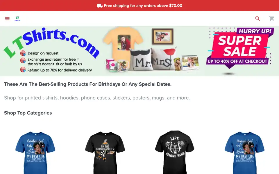Screenshot of ltshirts.com