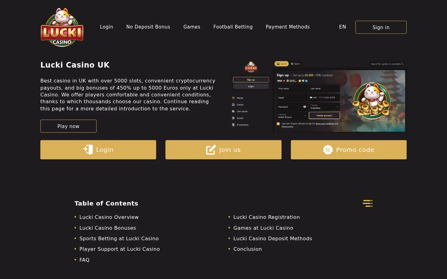 Screenshot of luckicasino.co.uk