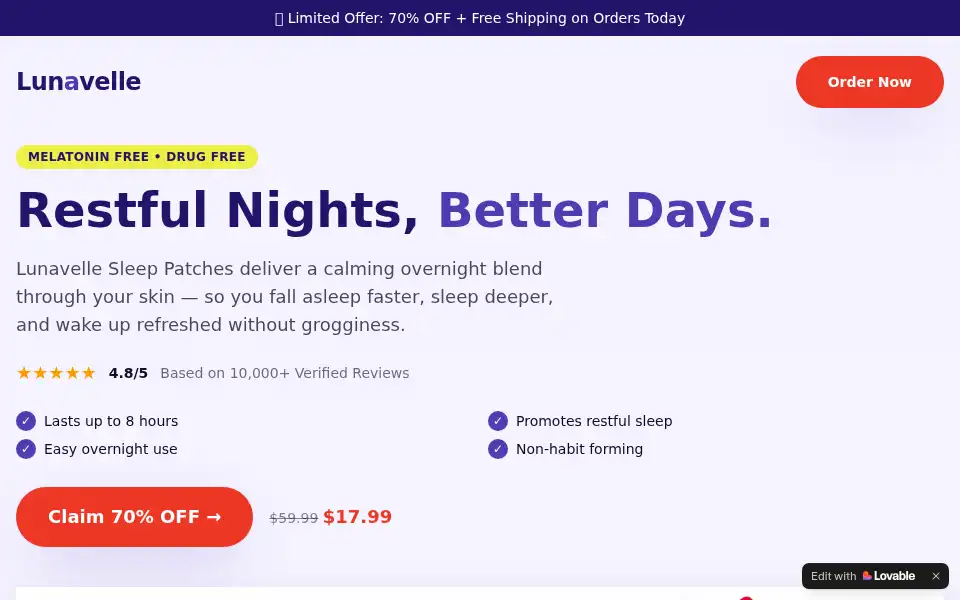 Screenshot of lunavellesleeppatches.lovable.app