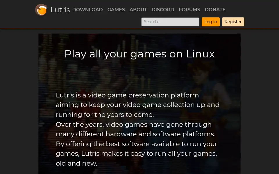 Screenshot of lutris.net