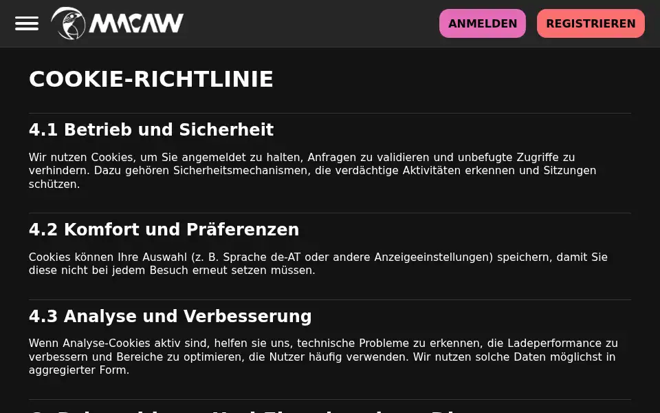 Screenshot of macaw.casino
