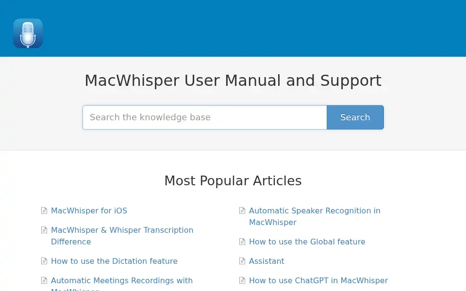 Screenshot of macwhisper.helpscoutdocs.com