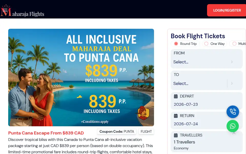 Screenshot of maharajaflights.com