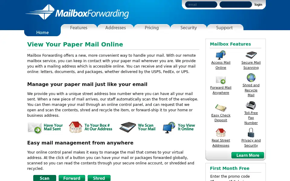 Screenshot of mailboxforwarding.com