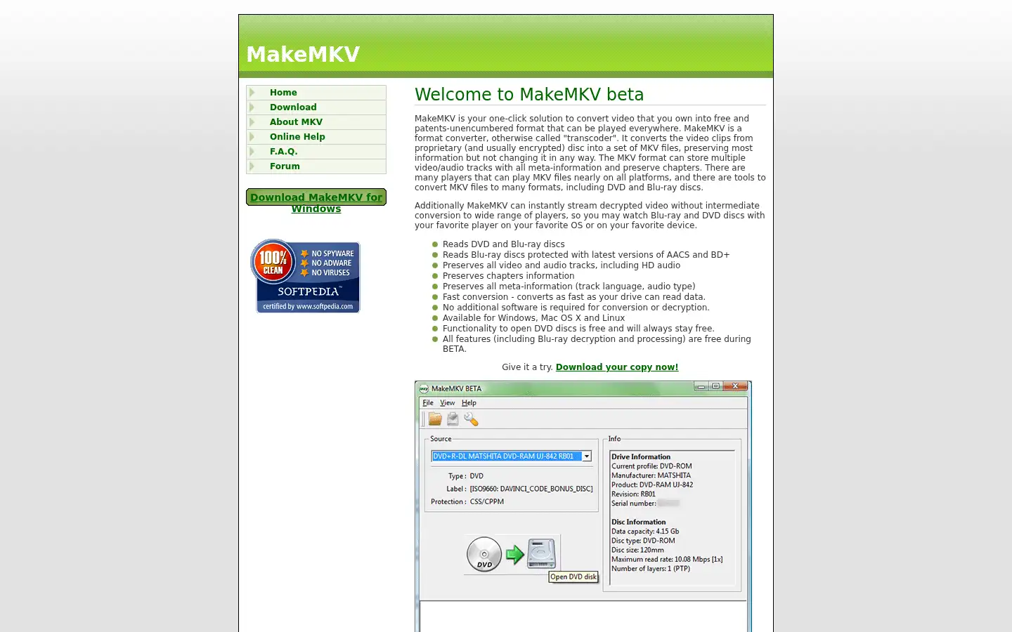 Screenshot of makemkv.com