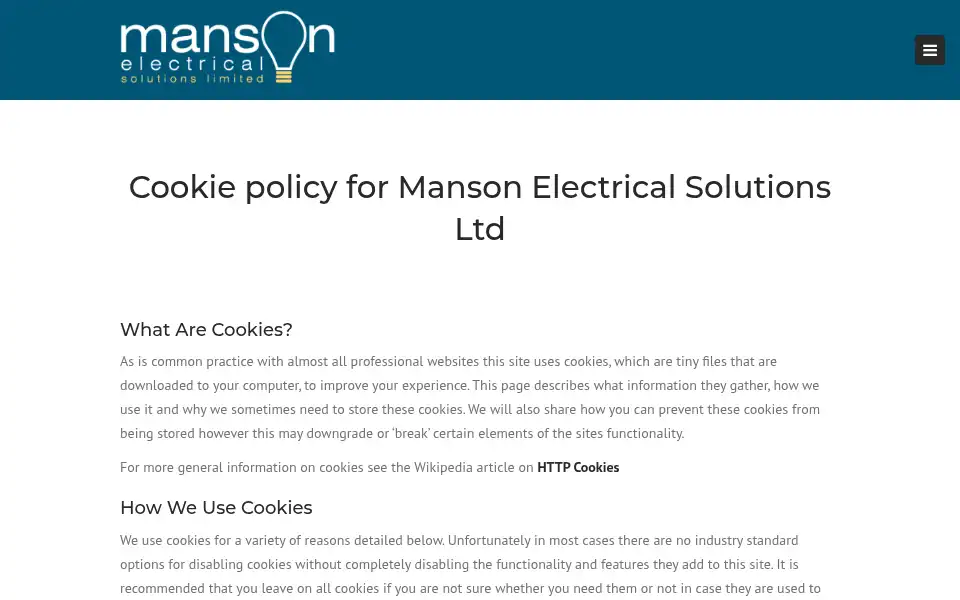 Screenshot of mansonelectricalsolutions.co.uk