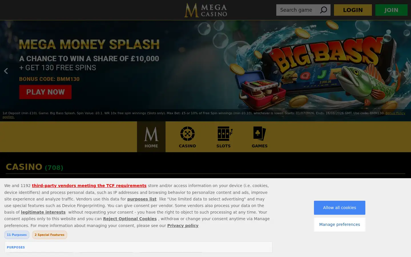 Screenshot of megacasino.co.uk