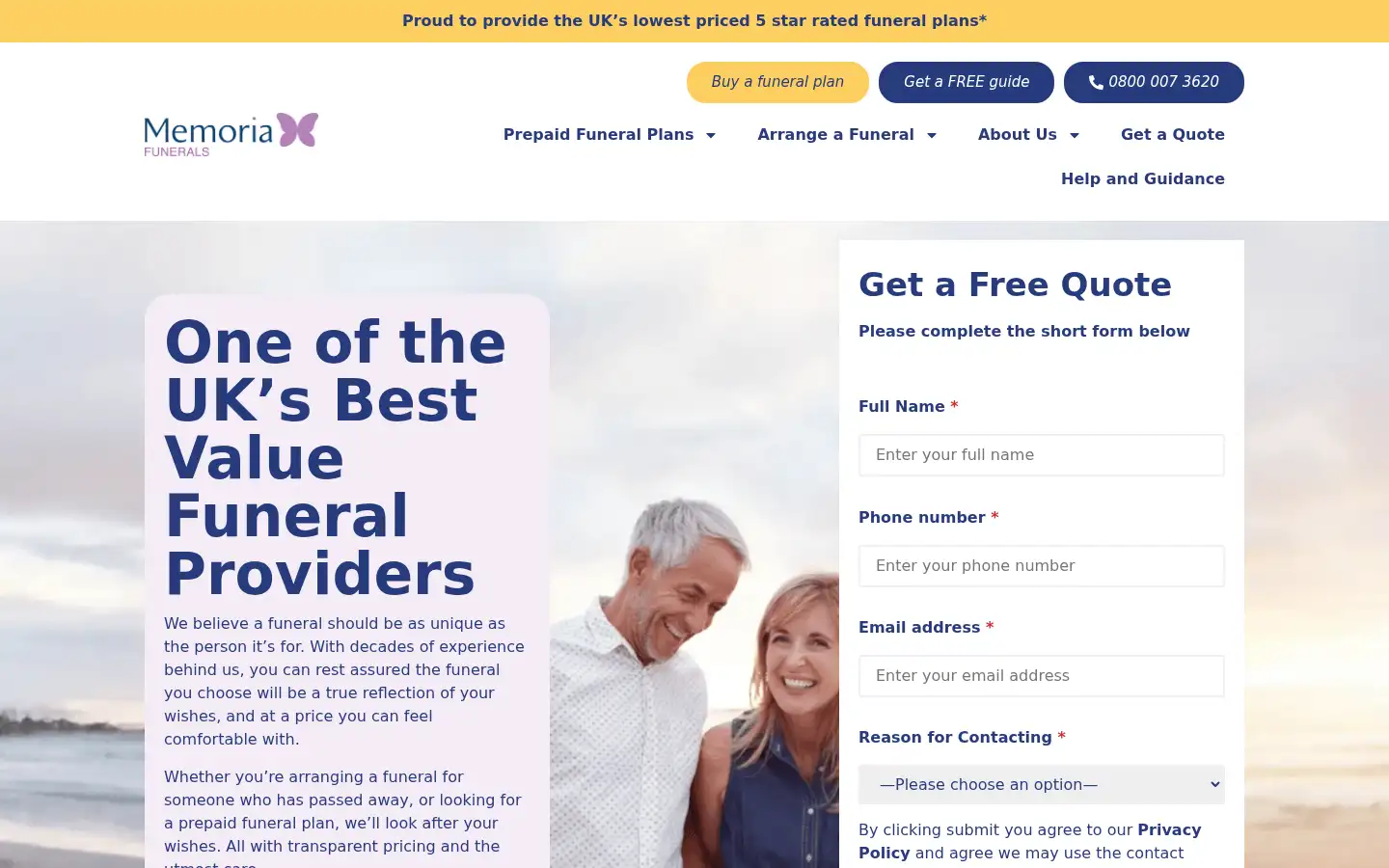 Screenshot of memoriafunerals.co.uk