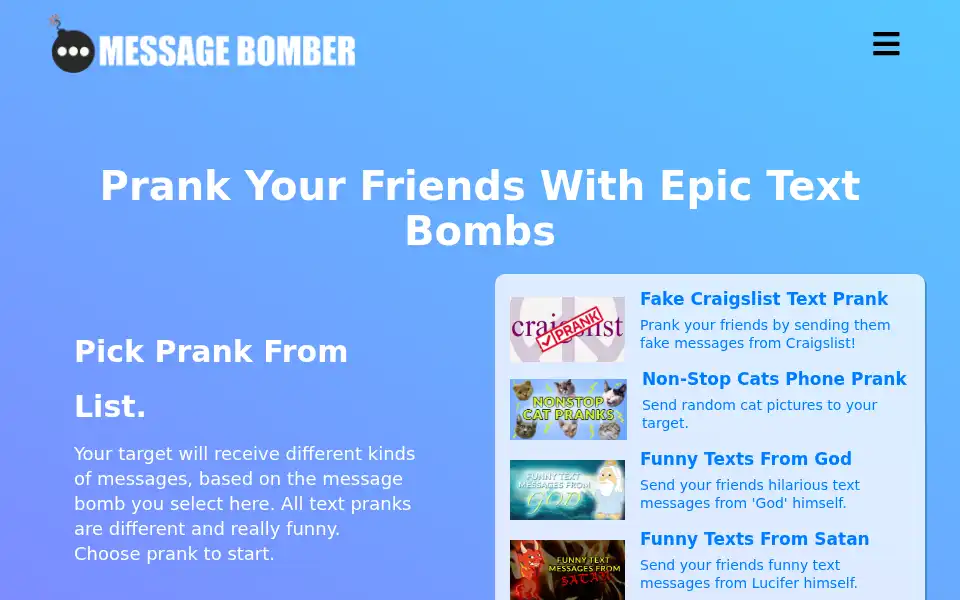 Screenshot of messagebomber.com