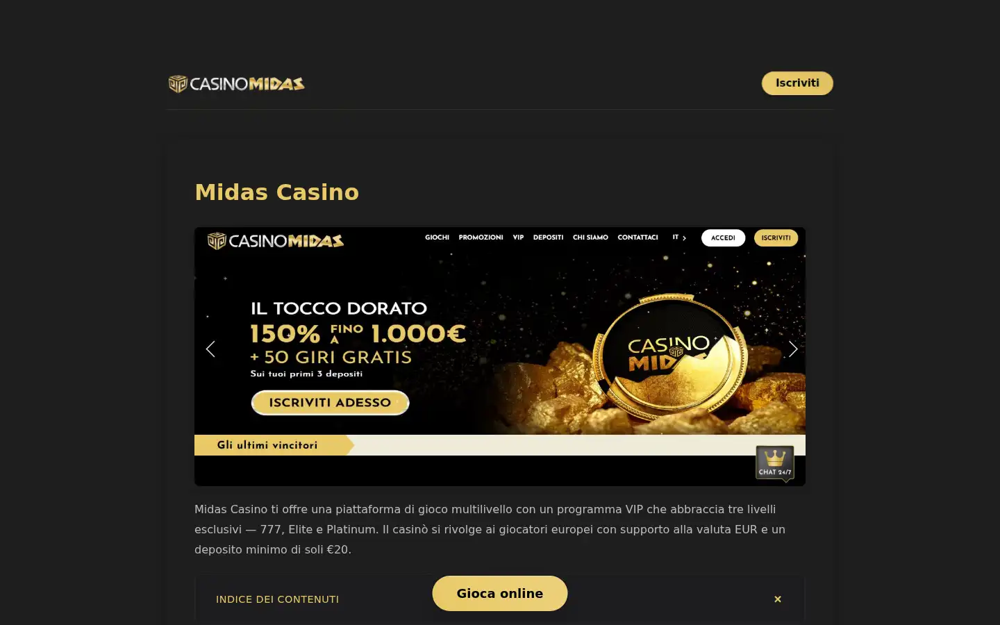 Screenshot of midascasino.co.it